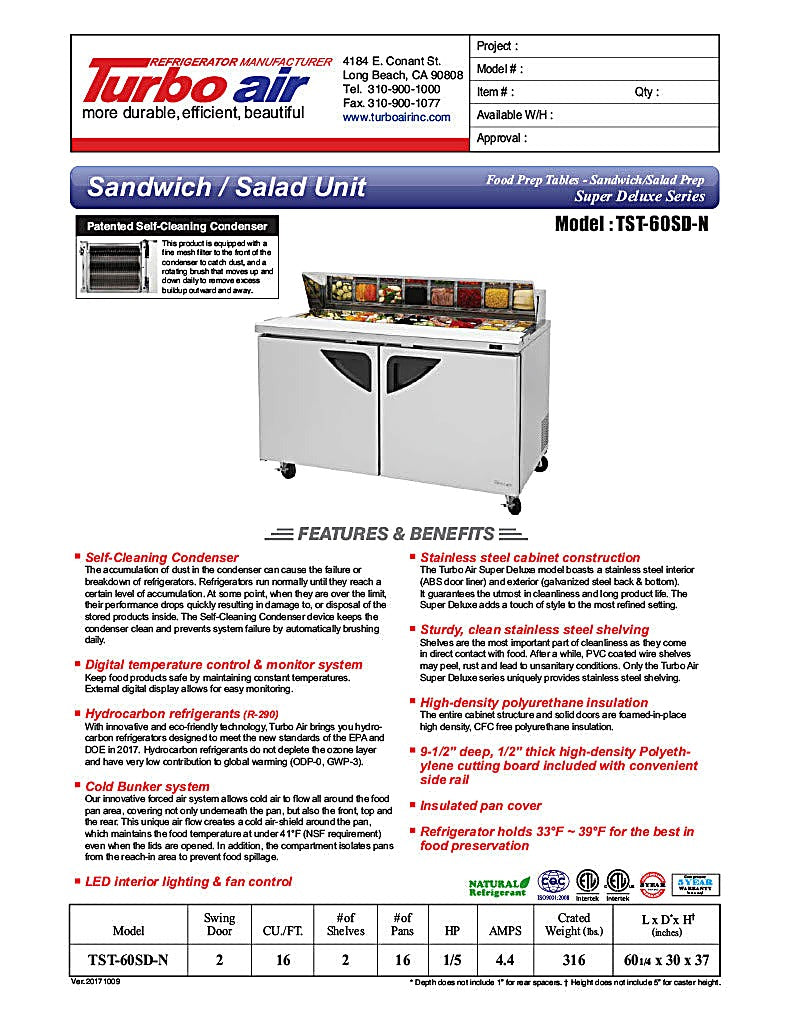 Turbo Air TST-60SD-N 60" Super Deluxe 2 Door Refrigerated Sandwich Prep Table - Donut-Equipment.com