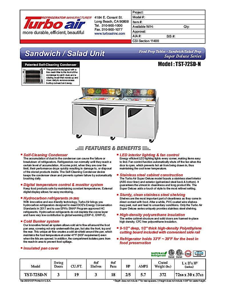 Turbo Air TST-72SD-N 72" Super Deluxe 3 Door Refrigerated Sandwich Prep Table - Donut-Equipment.com
