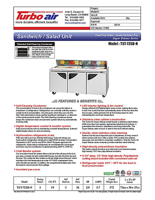 Turbo Air TST-72SD-N 72" Super Deluxe 3 Door Refrigerated Sandwich Prep Table - Donut-Equipment.com