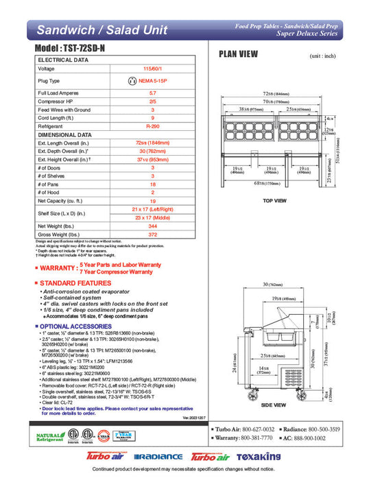 Turbo Air TST-72SD-N 72" Super Deluxe 3 Door Refrigerated Sandwich Prep Table - Donut-Equipment.com