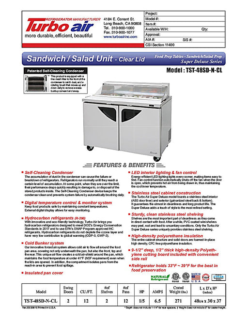 Turbo Air Super Deluxe TST-48SD-N-CL 48" 2 Door Refrigerated Sandwich Prep Table with Clear Lid - Donut-Equipment.com