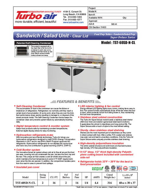 Turbo Air Super Deluxe TST-60SD-N-CL 60" 2 Door Refrigerated Sandwich Prep Table with Clear Lid - Donut-Equipment.com