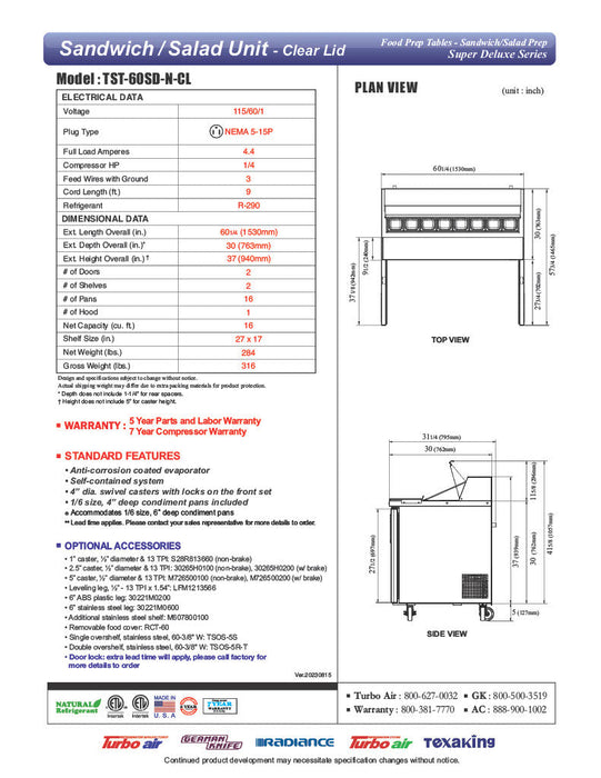 Turbo Air Super Deluxe TST-60SD-N-CL 60" 2 Door Refrigerated Sandwich Prep Table with Clear Lid - Donut-Equipment.com