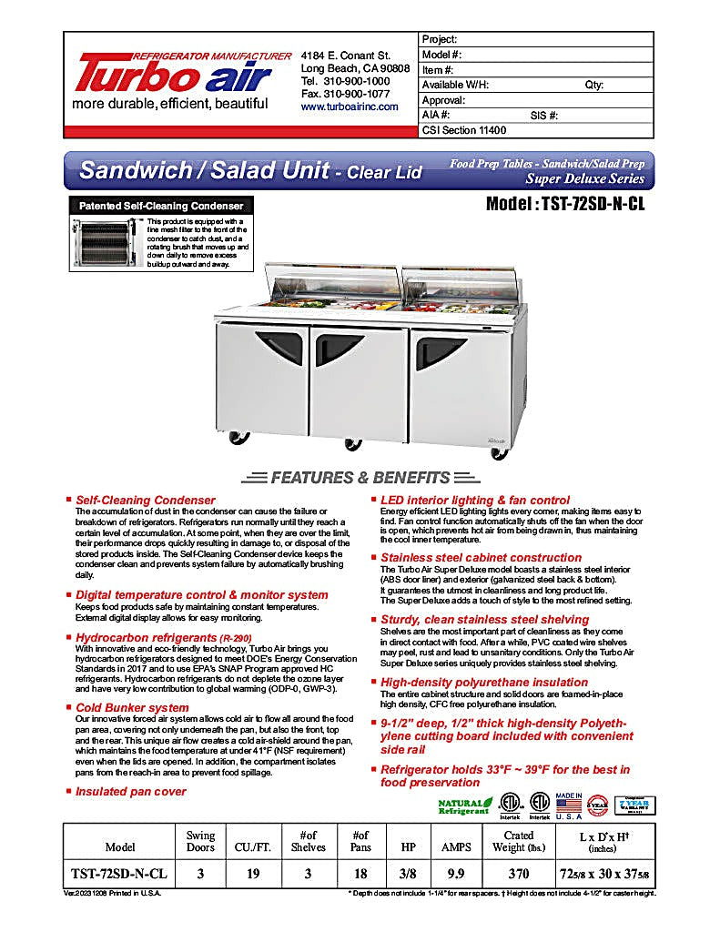 Turbo Air Super Deluxe TST-72SD-N-CL 72" 3 Door Refrigerated Sandwich Prep Table with Clear Lid - Donut-Equipment.com