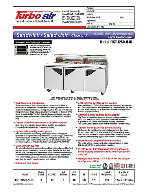 Turbo Air Super Deluxe TST-72SD-N-CL 72" 3 Door Refrigerated Sandwich Prep Table with Clear Lid - Donut-Equipment.com
