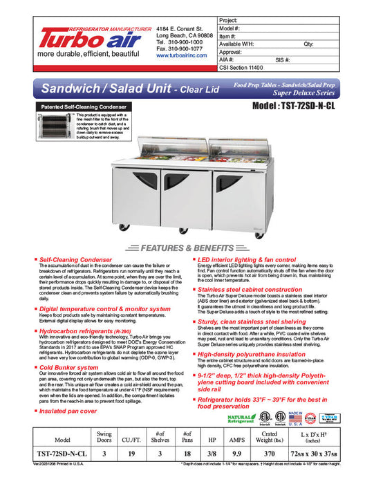 Turbo Air Super Deluxe TST-72SD-N-CL 72" 3 Door Refrigerated Sandwich Prep Table with Clear Lid - Donut-Equipment.com