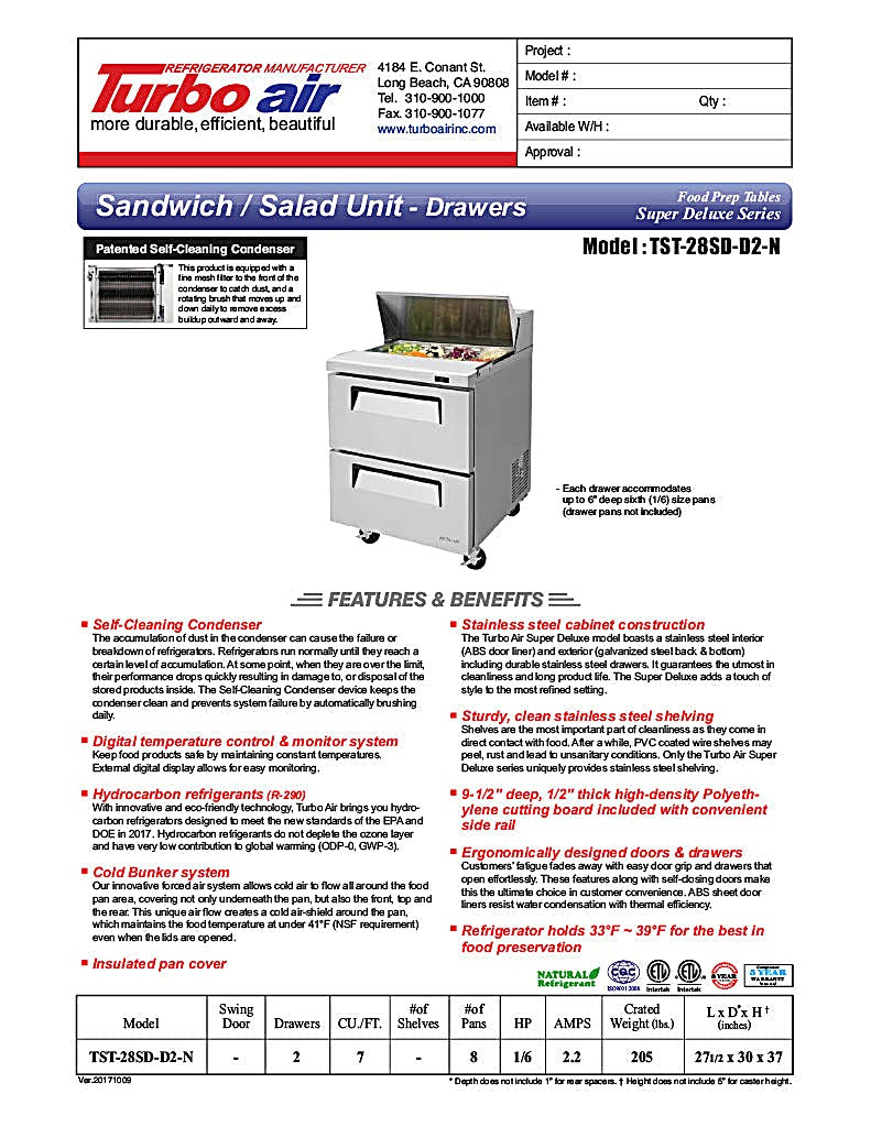 Turbo Air TST-28SD-D2-N 28" 2 Drawer Refrigerated Sandwich Prep Table - Donut-Equipment.com