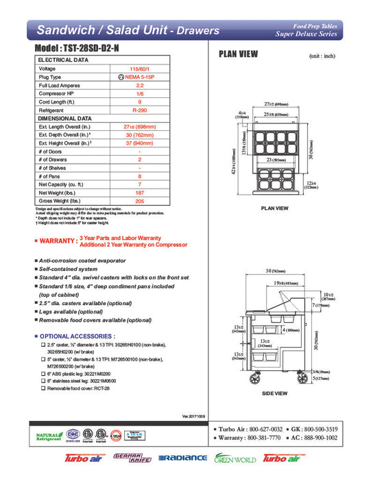 Turbo Air TST-28SD-D2-N 28" 2 Drawer Refrigerated Sandwich Prep Table - Donut-Equipment.com