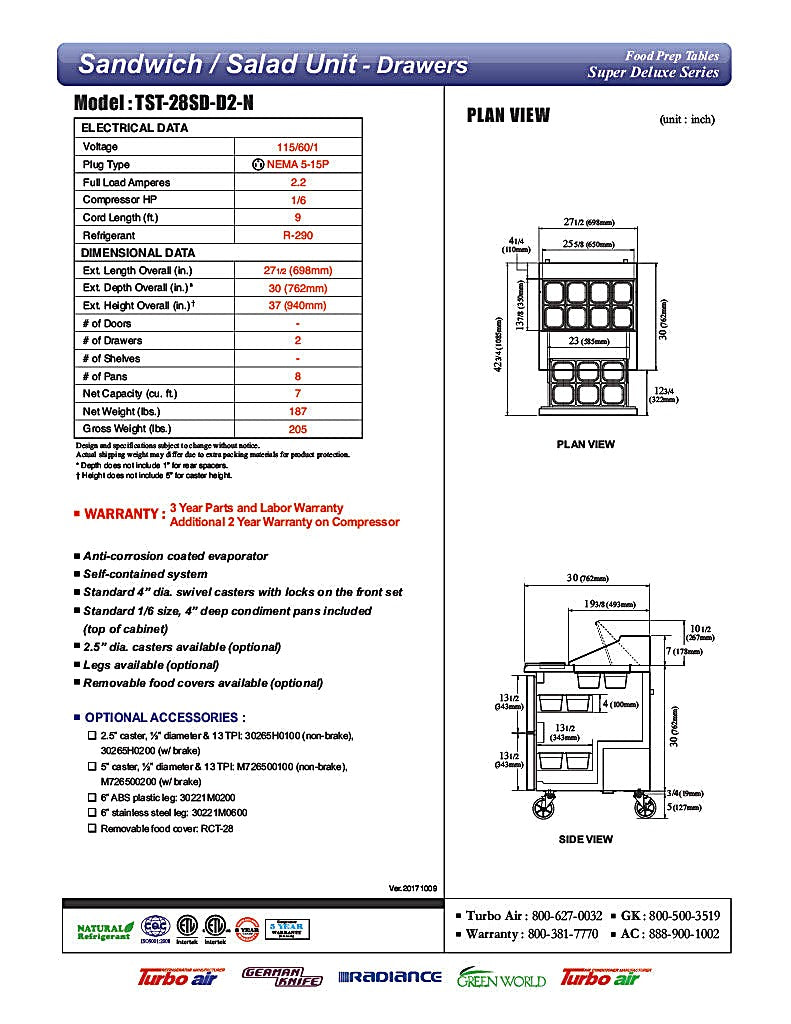 Turbo Air TST-28SD-D2-N 28" 2 Drawer Refrigerated Sandwich Prep Table - Donut-Equipment.com