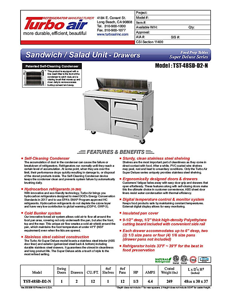 Turbo Air TST-48SD-D2-N 48" 1 Door 2 Drawer Refrigerated Sandwich Prep Table - Donut-Equipment.com