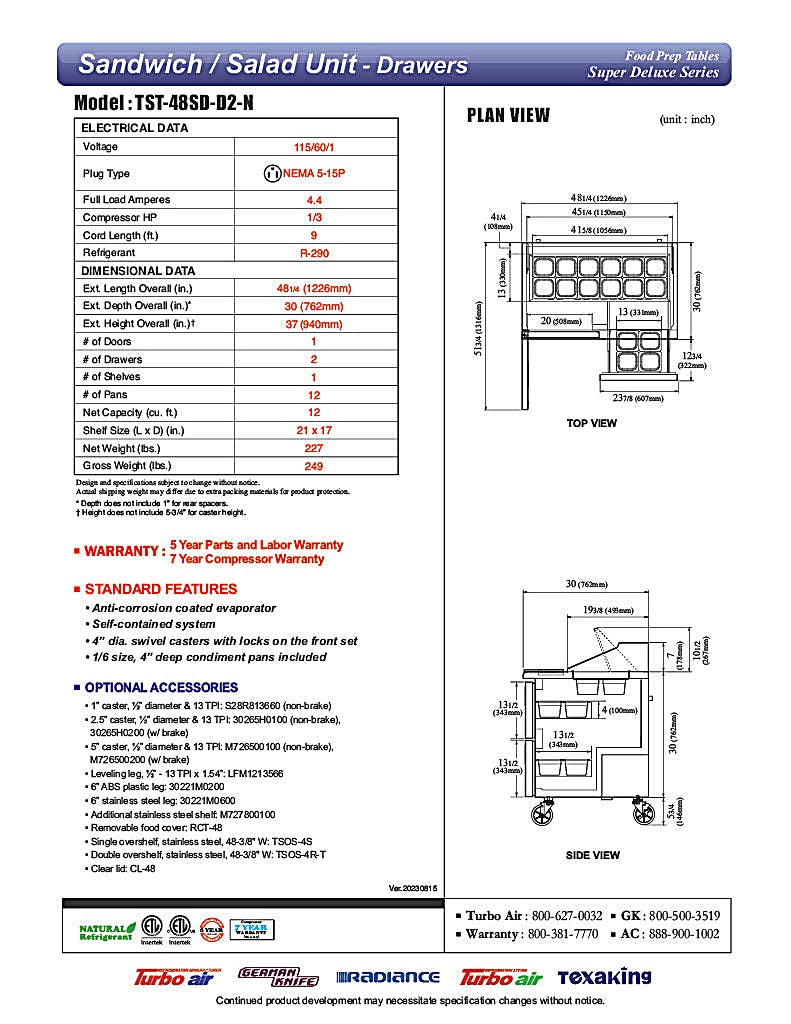 Turbo Air TST-48SD-D2-N 48" 1 Door 2 Drawer Refrigerated Sandwich Prep Table - Donut-Equipment.com