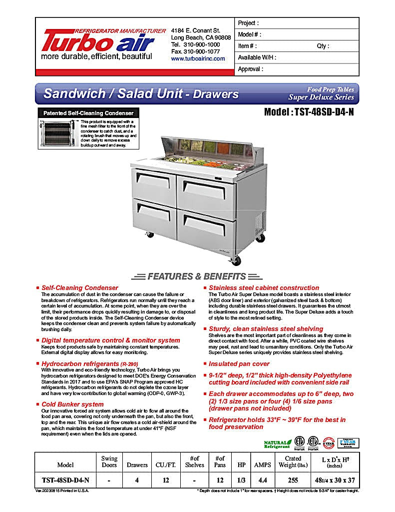 Turbo Air TST-48SD-D4-N 48" 4 Drawer Refrigerated Sandwich Prep Table - Donut-Equipment.com