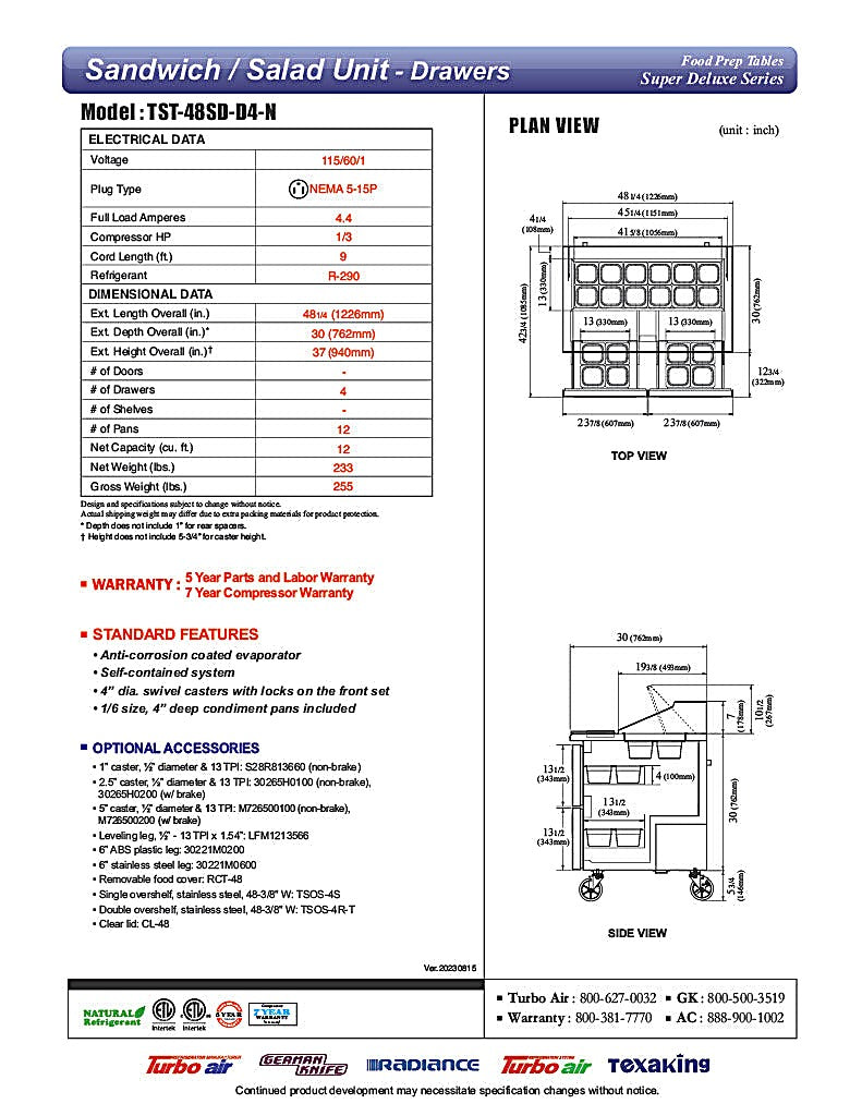 Turbo Air TST-48SD-D4-N 48" 4 Drawer Refrigerated Sandwich Prep Table - Donut-Equipment.com