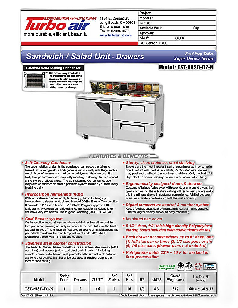 Turbo Air TST-60SD-D2-N 60" 1 Door 2 Drawer Refrigerated Sandwich Prep Table - Donut-Equipment.com
