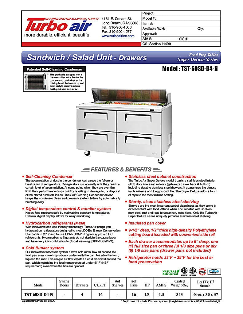 Turbo Air TST-60SD-D4-N 60" 4 Drawer Refrigerated Sandwich Prep Table - Donut-Equipment.com