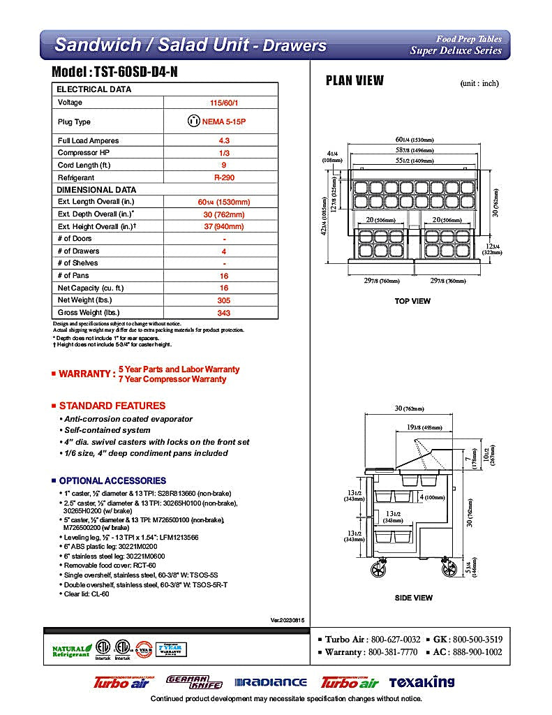 Turbo Air TST-60SD-D4-N 60" 4 Drawer Refrigerated Sandwich Prep Table - Donut-Equipment.com