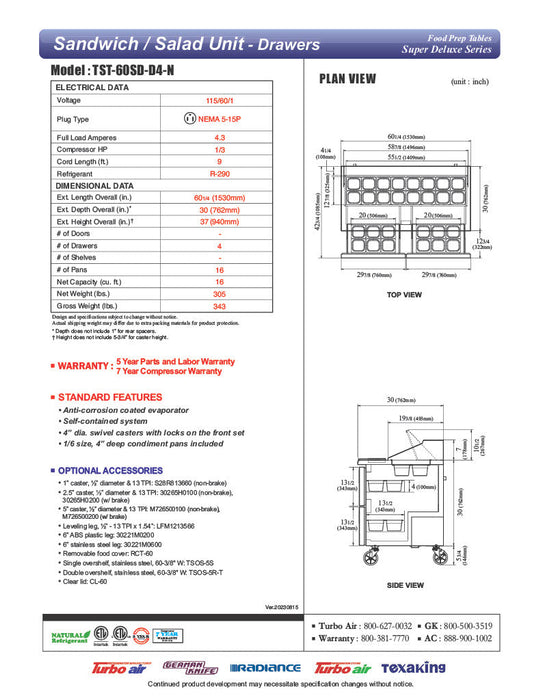 Turbo Air TST-60SD-D4-N 60" 4 Drawer Refrigerated Sandwich Prep Table - Donut-Equipment.com