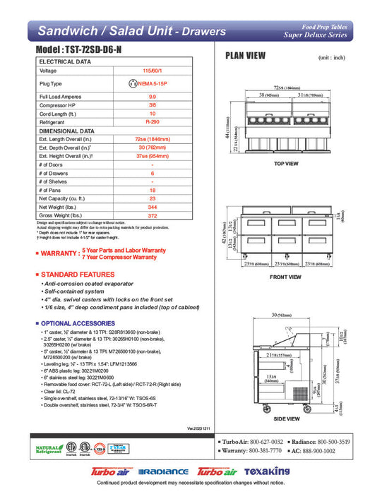 Turbo Air TST-72SD-D6-N" 4 Drawer Refrigerated Sandwich Prep Table - Donut-Equipment.com