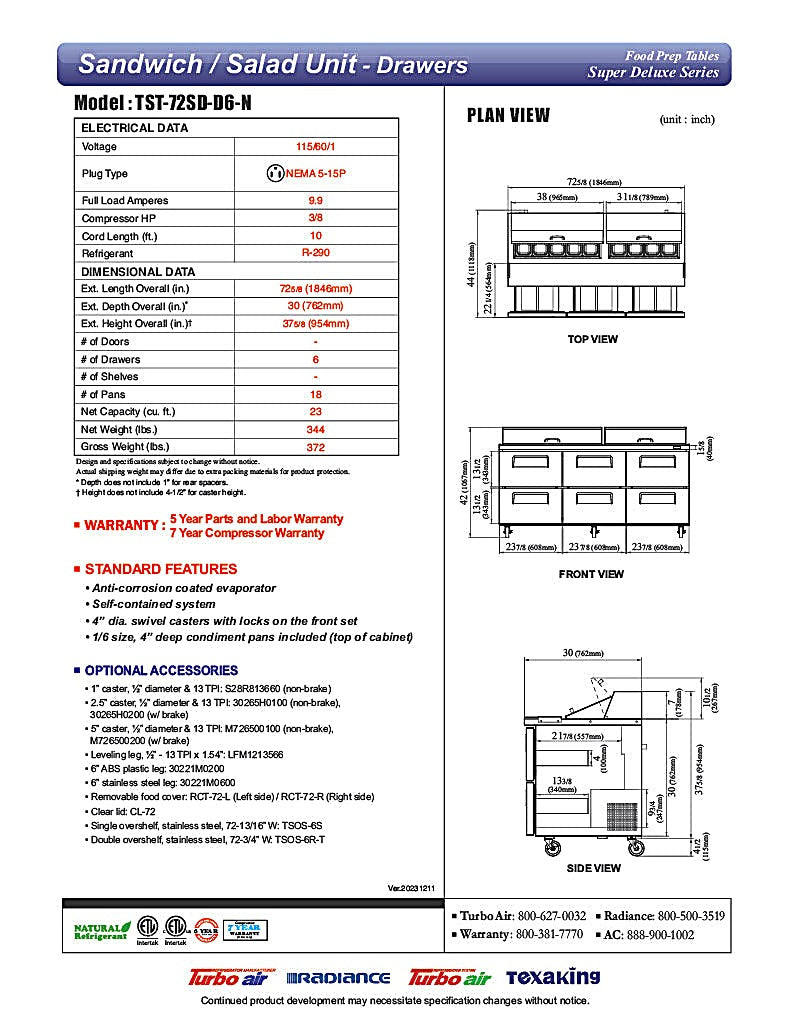 Turbo Air TST-72SD-D6-N" 4 Drawer Refrigerated Sandwich Prep Table - Donut-Equipment.com