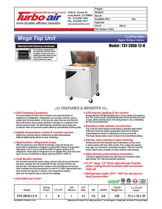 Turbo Air TST-28SD-12-N 28" 1 Door Mega Top Refrigerated Sandwich Prep Table - Donut-Equipment.com