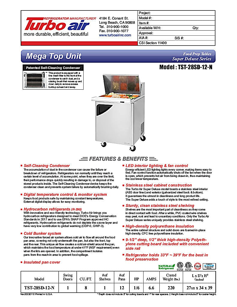 Turbo Air TST-28SD-12-N 28" 1 Door Mega Top Refrigerated Sandwich Prep Table - Donut-Equipment.com