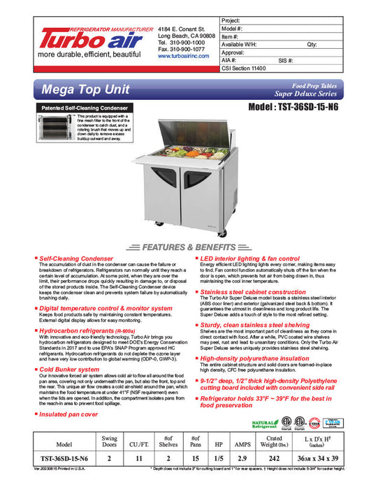 Turbo Air TST-36SD-15-N6 36" 2 Door Mega Top Refrigerated Sandwich Prep Table - Donut-Equipment.com