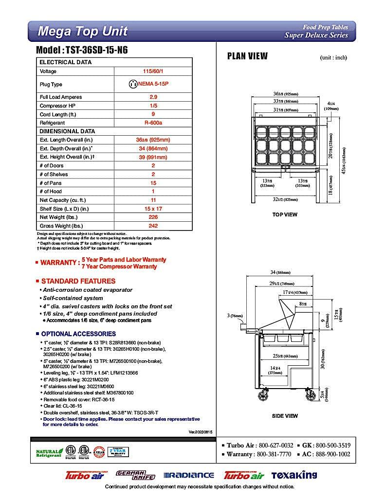Turbo Air TST-36SD-15-N6 36" 2 Door Mega Top Refrigerated Sandwich Prep Table - Donut-Equipment.com