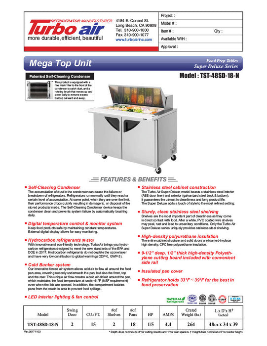 Turbo Air TST-48SD-18-N 48" 2 Door Mega Top Refrigerated Sandwich Prep Table - Donut-Equipment.com