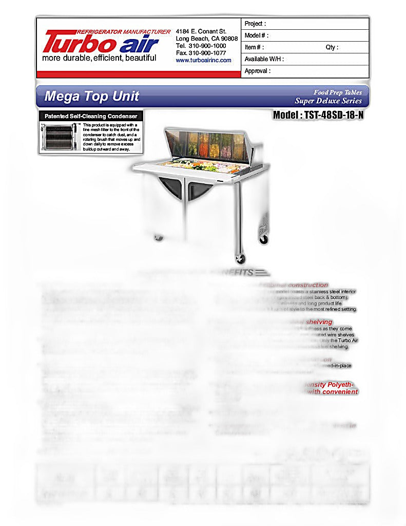 Turbo Air TST-48SD-18-N 48" 2 Door Mega Top Refrigerated Sandwich Prep Table - Donut-Equipment.com