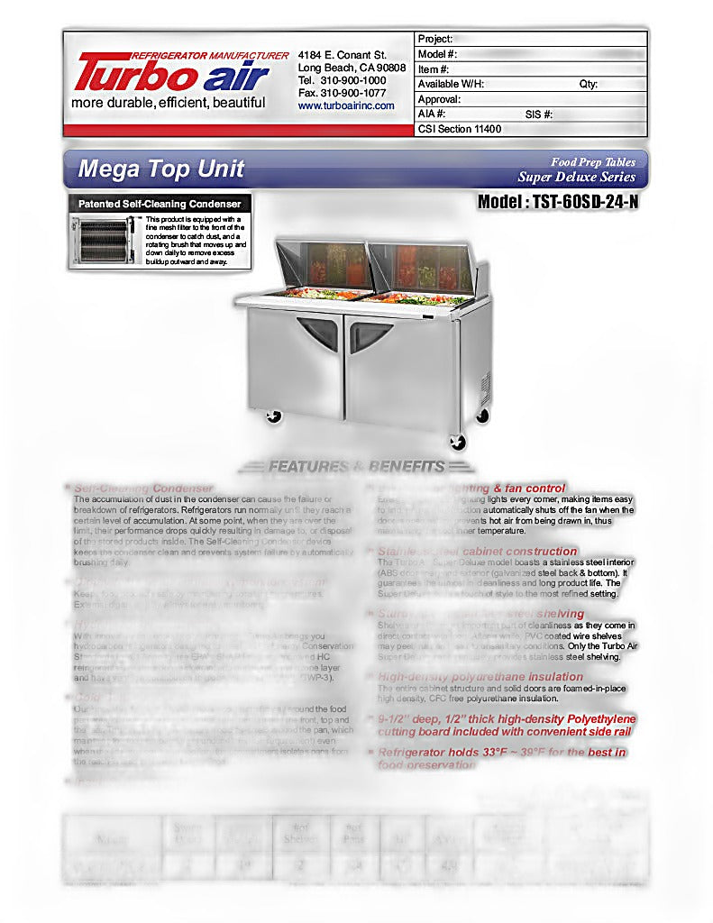 Turbo Air TST-60SD-24-N 60" 2 Door Mega Top Refrigerated Sandwich Prep Table - Donut-Equipment.com