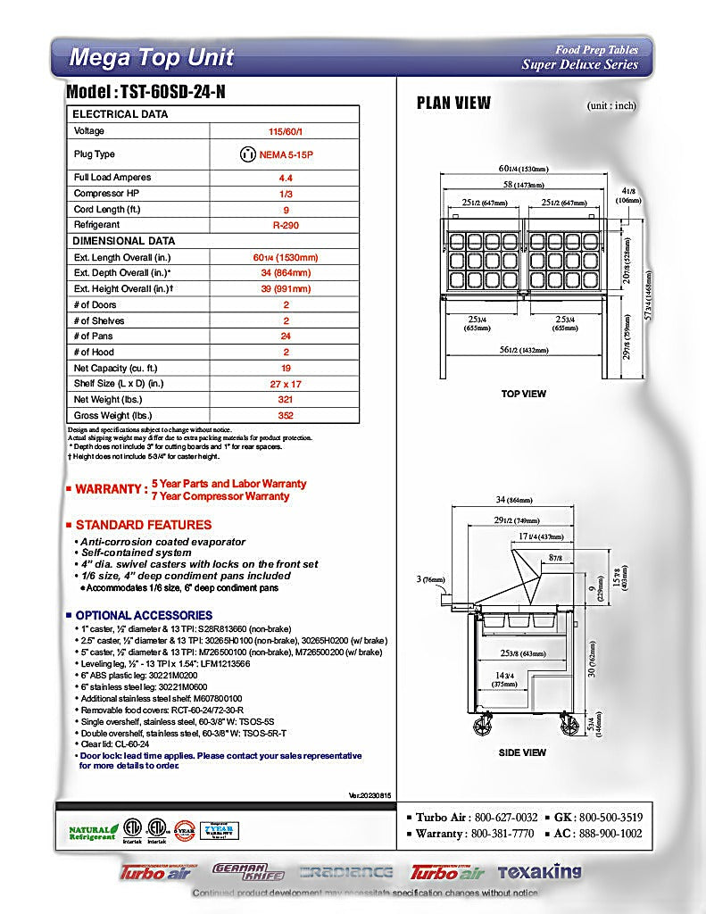 Turbo Air TST-60SD-24-N 60" 2 Door Mega Top Refrigerated Sandwich Prep Table - Donut-Equipment.com