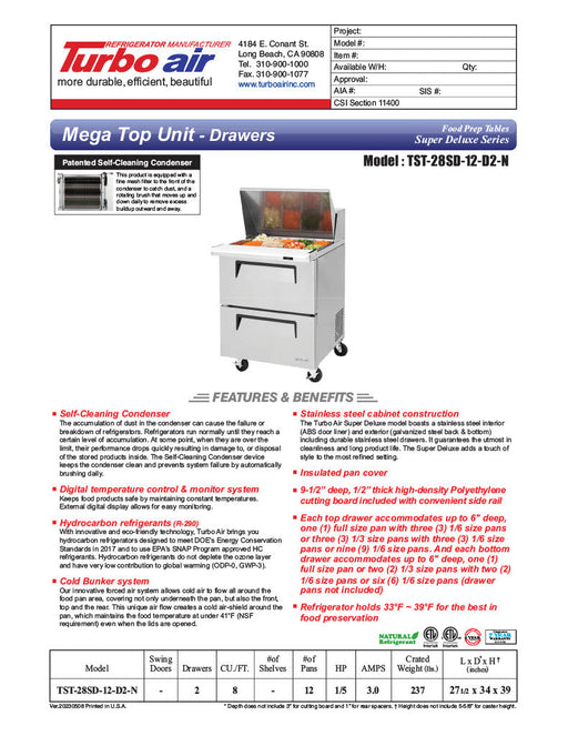 Turbo Air Super Deluxe TST-28SD-12-D2-N 28" 2 Drawer Mega Top Refrigerated Sandwich Prep Table - Donut-Equipment.com