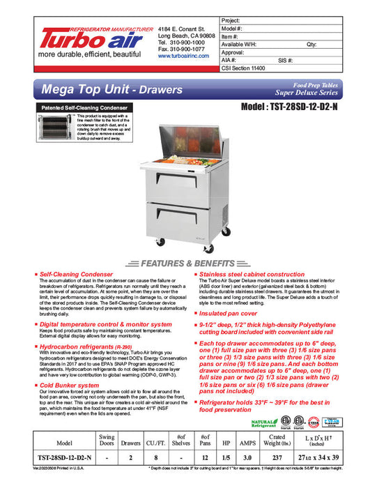 Turbo Air Super Deluxe TST-28SD-12-D2-N 28" 2 Drawer Mega Top Refrigerated Sandwich Prep Table - Donut-Equipment.com