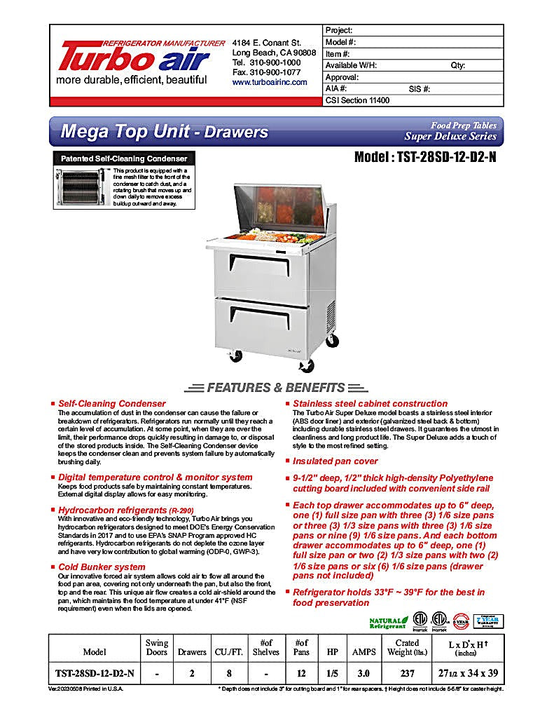 Turbo Air Super Deluxe TST-28SD-12-D2-N 28" 2 Drawer Mega Top Refrigerated Sandwich Prep Table - Donut-Equipment.com