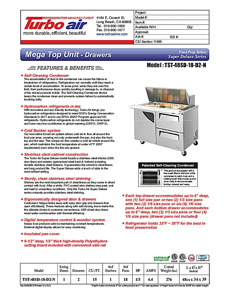 Turbo Air Super Deluxe TST-48SD-18-D2-N 48" 1 Door 2 Drawer Mega Top Refrigerated Sandwich Prep Table - Donut-Equipment.com