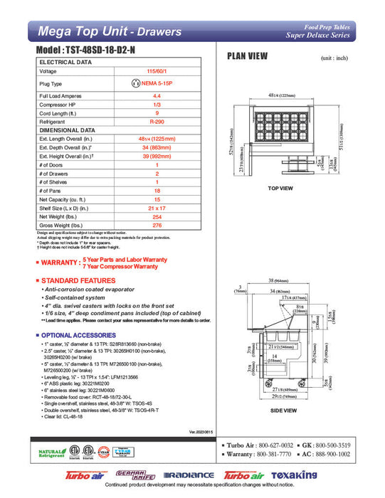 Turbo Air Super Deluxe TST-48SD-18-D2-N 48" 1 Door 2 Drawer Mega Top Refrigerated Sandwich Prep Table - Donut-Equipment.com