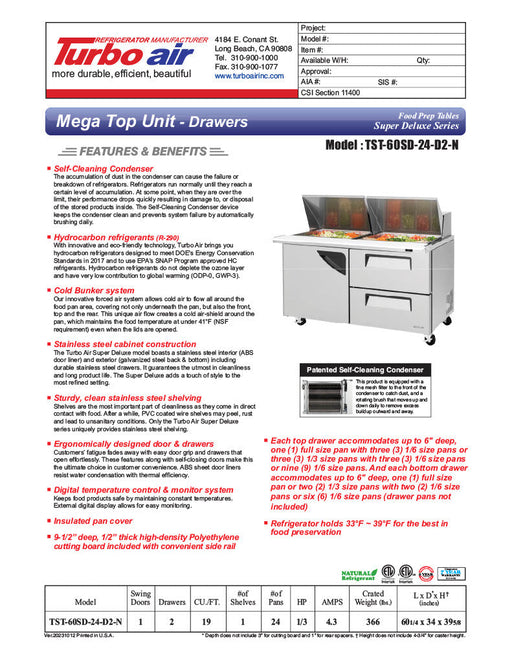 Turbo Air Super Deluxe TST-60SD-24-D2-N 60" 1 Door 2 Drawer Mega Top Refrigerated Sandwich Prep Table - Donut-Equipment.com