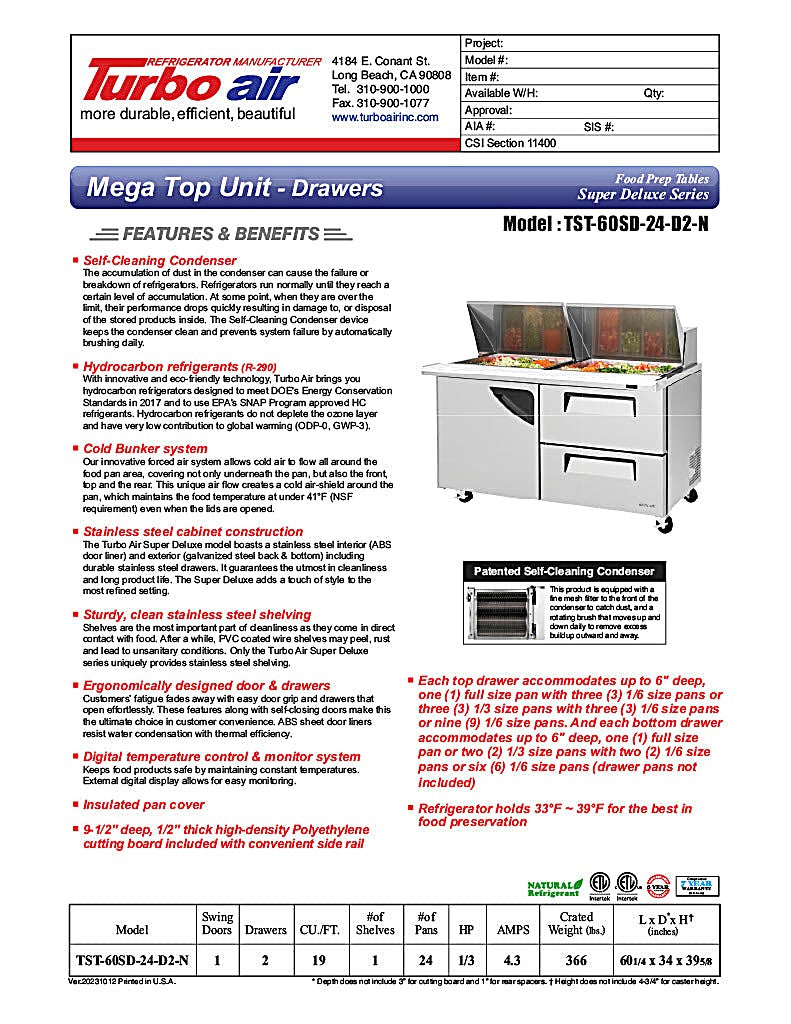 Turbo Air Super Deluxe TST-60SD-24-D2-N 60" 1 Door 2 Drawer Mega Top Refrigerated Sandwich Prep Table - Donut-Equipment.com
