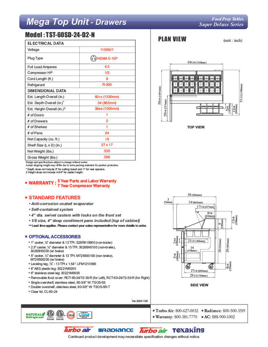 Turbo Air Super Deluxe TST-60SD-24-D2-N 60" 1 Door 2 Drawer Mega Top Refrigerated Sandwich Prep Table - Donut-Equipment.com