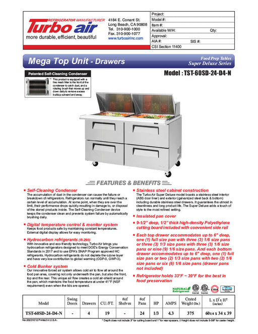Turbo Air Super Deluxe TST-60SD-24-D4-N 60" 4 Drawer Mega Top Refrigerated Sandwich Prep Table - Donut-Equipment.com