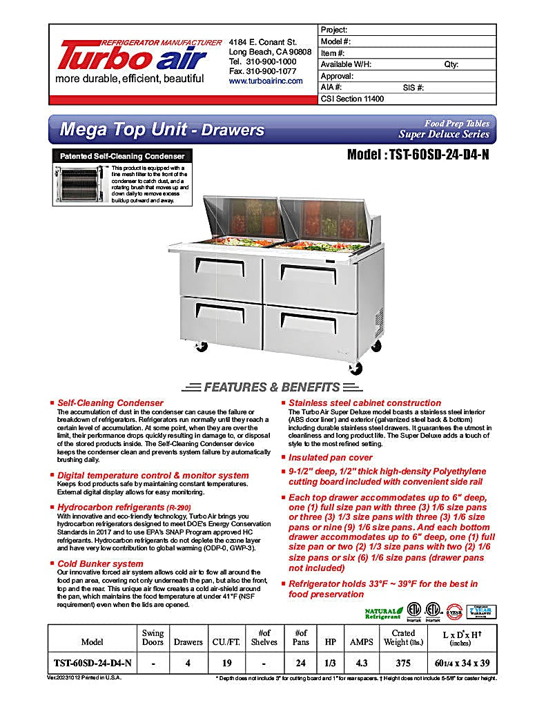 Turbo Air Super Deluxe TST-60SD-24-D4-N 60" 4 Drawer Mega Top Refrigerated Sandwich Prep Table - Donut-Equipment.com