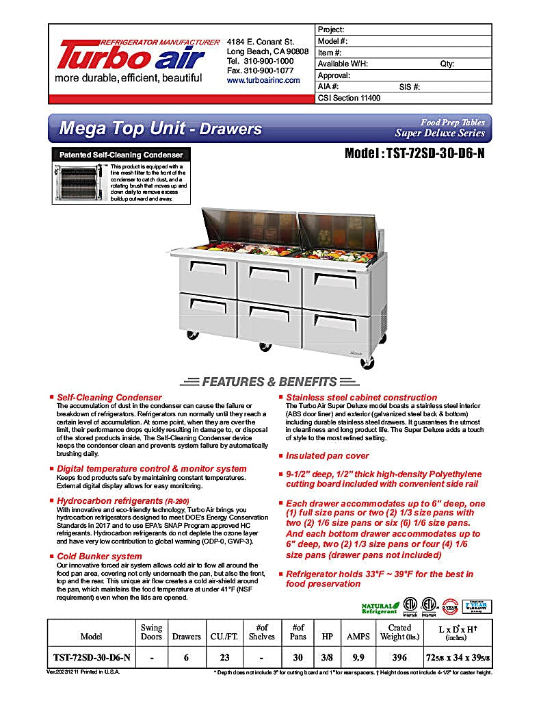 Turbo Air Super Deluxe TST-72SD-30-D6-N 72" 6 Drawer Mega Top Refrigerated Sandwich Prep Table - Donut-Equipment.com