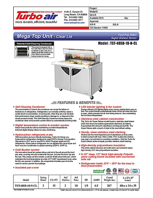 Turbo Air Super Deluxe TST-48SD-18-N-CL 48" 2 Door Refrigerated Mega Top Sandwich Prep Table with Clear Lid - Donut-Equipment.com