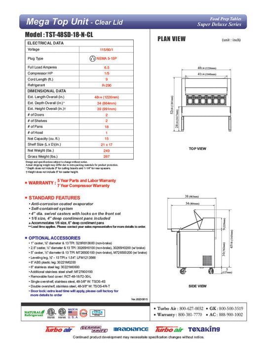 Turbo Air Super Deluxe TST-48SD-18-N-CL 48" 2 Door Refrigerated Mega Top Sandwich Prep Table with Clear Lid - Donut-Equipment.com