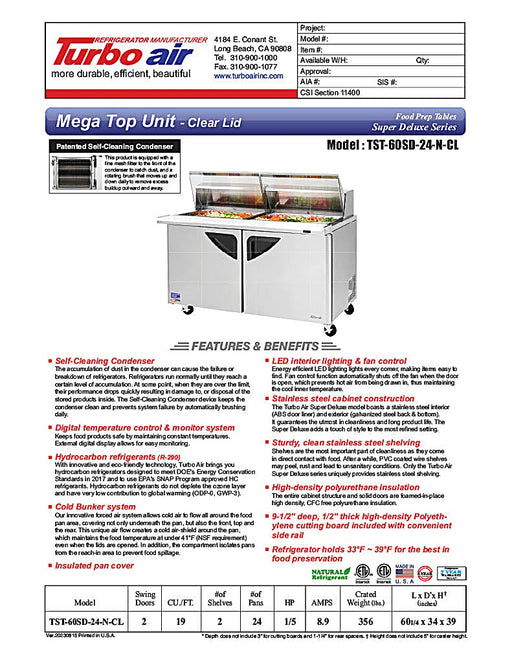 Turbo Air Super Deluxe TST-60SD-24-N-CL 60" 2 Door Refrigerated Mega Top Sandwich Prep Table with Clear Lid - Donut-Equipment.com