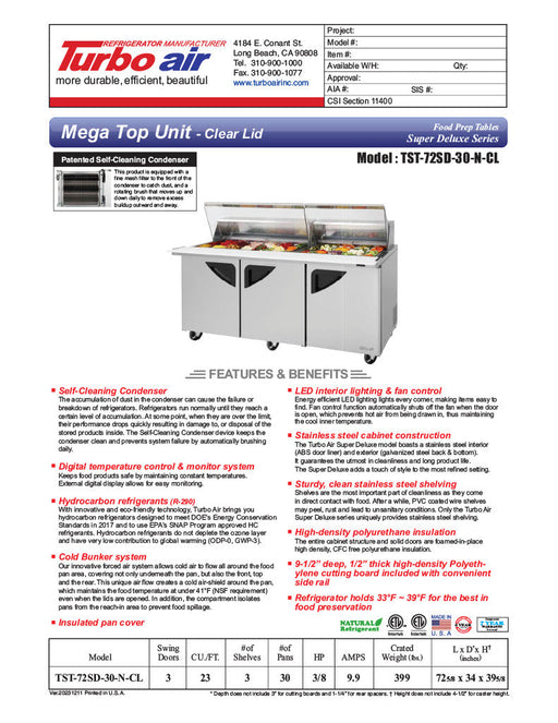 Turbo Air Super Deluxe TST-72SD-30-N-CL 72" 3 Door Mega Top Refrigerated Sandwich Prep Table with Clear Lid - Donut-Equipment.com