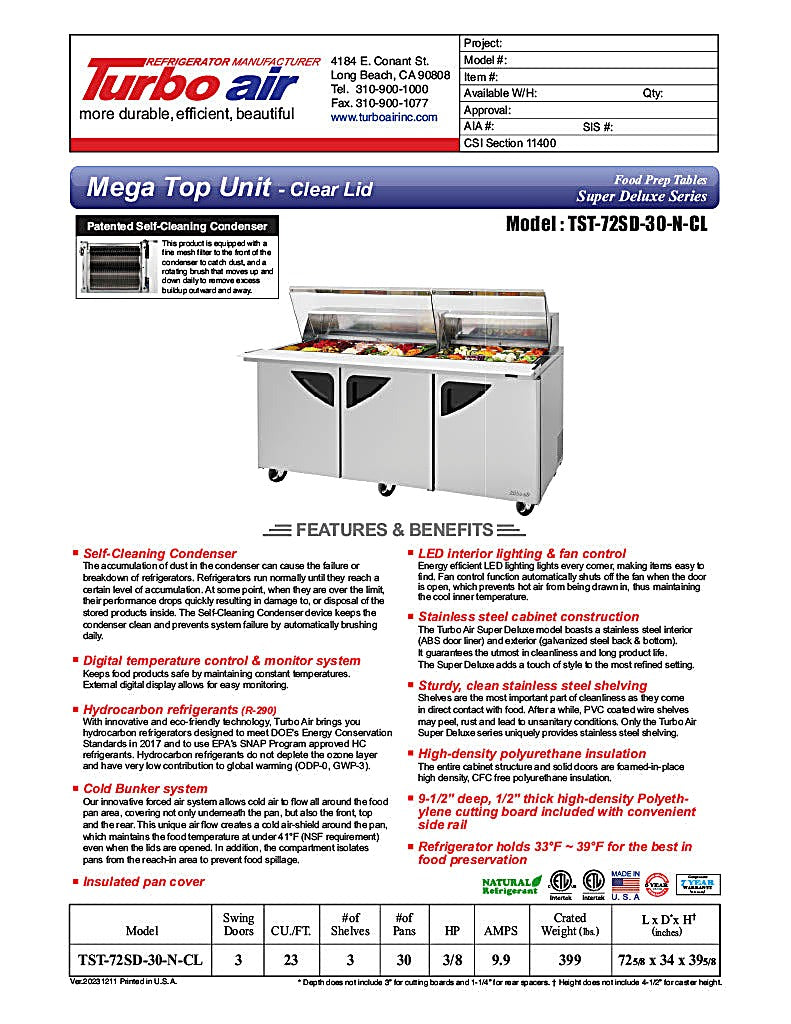 Turbo Air Super Deluxe TST-72SD-30-N-CL 72" 3 Door Mega Top Refrigerated Sandwich Prep Table with Clear Lid - Donut-Equipment.com