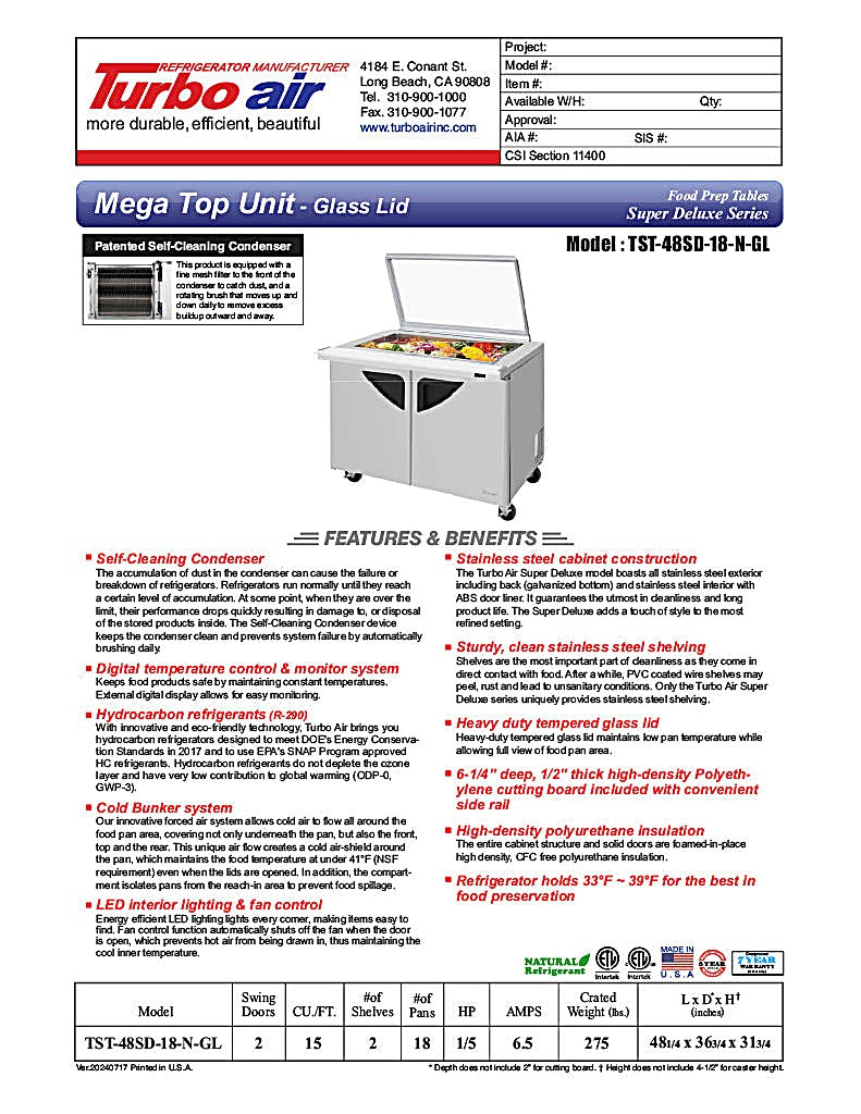 Turbo Air TST-48SD-18-N-GL 48" 2 Door Mega Top Hinged Glass Lid Refrigerated Sandwich Prep Table - Donut-Equipment.com