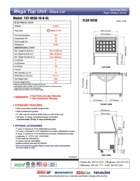 Turbo Air TST-48SD-18-N-GL 48" 2 Door Mega Top Hinged Glass Lid Refrigerated Sandwich Prep Table - Donut-Equipment.com