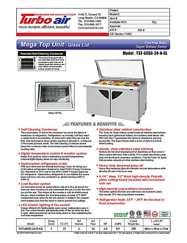 Turbo Air TST-60SD-24-N-GL 60" 2 Door Mega Top Hinged Glass Lid Refrigerated Sandwich Prep Table - Donut-Equipment.com